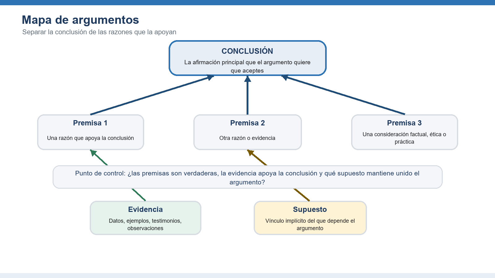 Figura 2. El mapa de argumentos hace visibles la conclusión, las premisas, la evidencia y los supuestos.